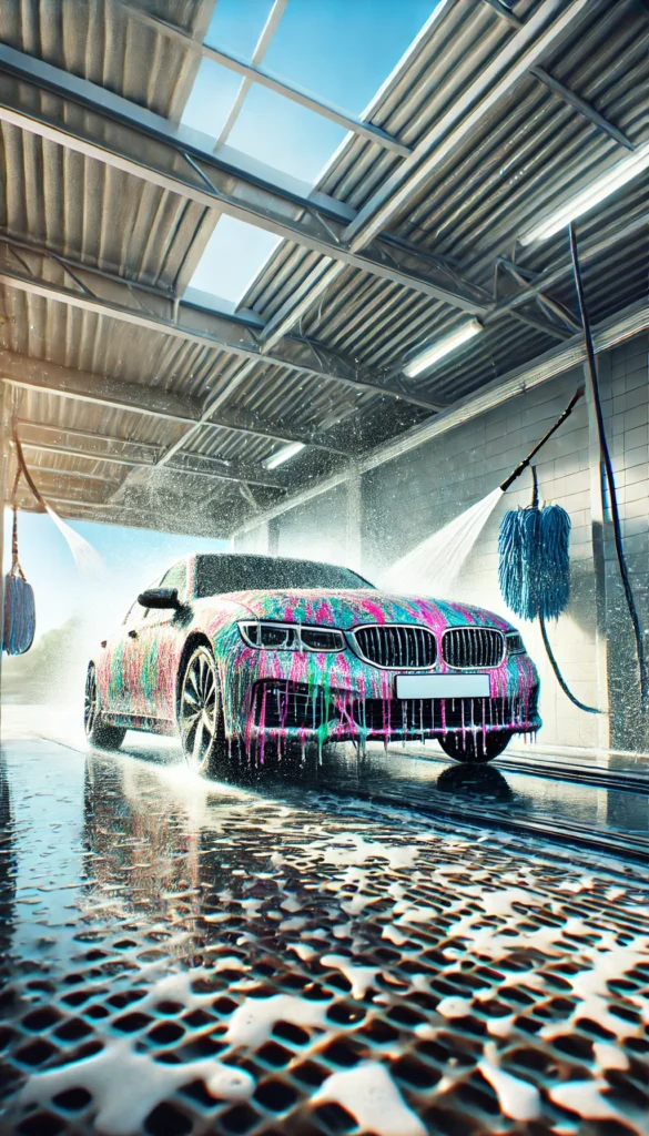 A clean and shiny car being washed with high-pressure water jets at a modern car wash facility