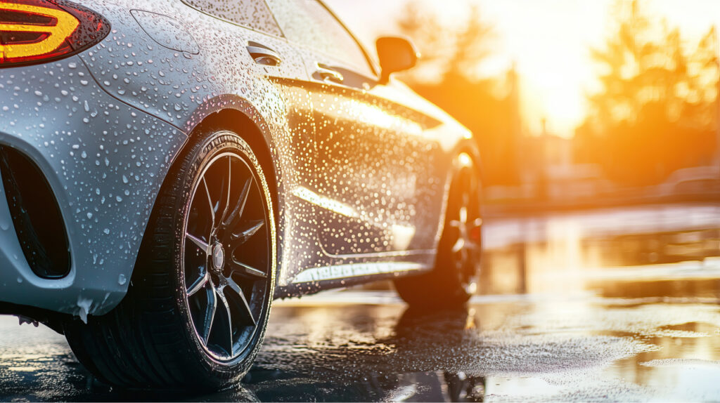 Closeup of silver sports car with water droplets rainy season luxury motorsport