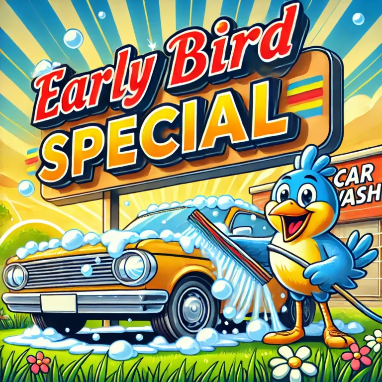 A vibrant advertisement-style illustration for a car wash's early bird special. The scene features a cheerful sunrise with rays of light, a sparkling clean car being dried off, and suds flying in the air. The text 'Early Bird Special' is prominently displayed in bold, colorful font. A friendly mascot bird with a big smile holds a squeegee, adding a playful touch. The background includes a car wash building with a signboard, surrounded by lush green grass and flowers, emphasizing a fresh morning vibe.