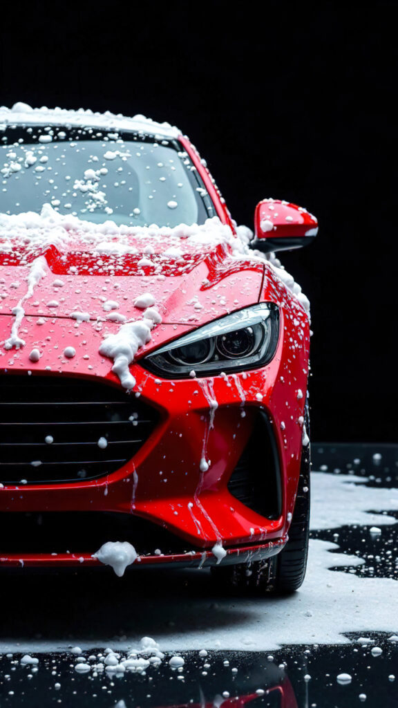 red modern car in foam on a car wash on a black background